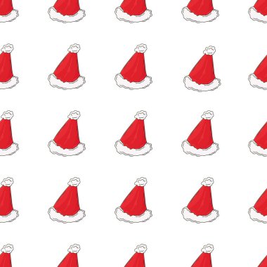 Noel arkaplanı. Yeni yıl şapkaları. Elde kusursuz bir desen var. Kumaş, tekstil, ambalaj kâğıdı vs. için desen oluşturuldu