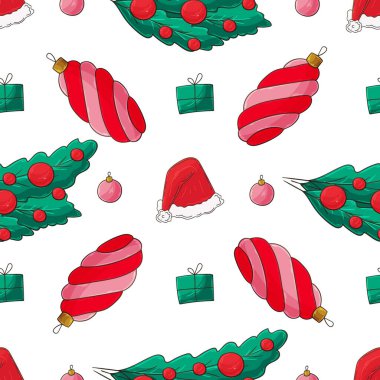 Noel tatili. Elde kusursuz bir desen var. Noel ağaçları, şapkalar, hediyeler. Kumaş, ambalaj, ambalaj vs. için kullanılabilir
