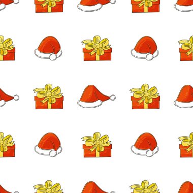 Noel zamanı. Yeni yıl şapkaları, hediyeler. Elde kusursuz bir desen var. Kumaş ve benzeri şeyler için kullanılabilir.