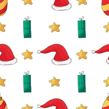 Noel zamanı. Elde kusursuz bir desen var. Yeni yıl şapkaları, hediyeler. Kumaş için kullanılabilir.