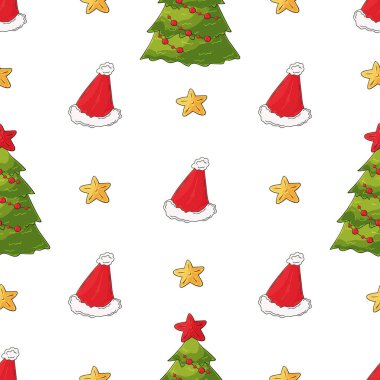 Yeni yıl tatili. Noel ağacı, hediyeler, şekerler. Elde kusursuz bir desen var. Kumaş, ambalaj, ambalaj vs. için kullanılabilir