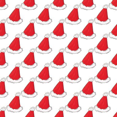 Noel arkaplanı. Yeni yıl şapkaları. Elde kusursuz bir desen var. Kumaş, tekstil, ambalaj vs. için şekil oluşturuldu