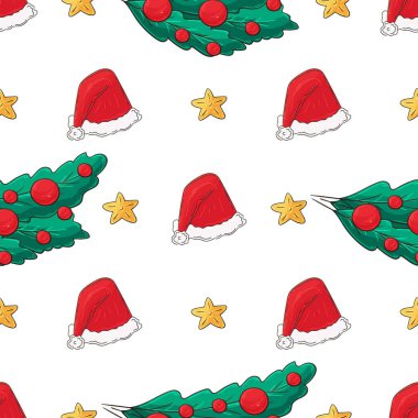 Noel tatili. Noel ağaçları, şapkalar, hediyeler. Elde kusursuz bir desen var. Kumaş için kullanılabilir.