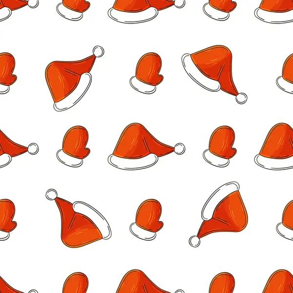 Noel tatili. Yeni yıl şapkaları, eldivenler. Elde kusursuz bir desen var. Kumaş, ambalaj vs. için kullanılabilir