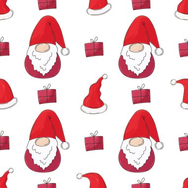 Noel tatili. Elde kusursuz bir desen var. Yeni yıl şapkaları, cüceler. Kumaş ve benzeri şeyler için kullanılabilir.