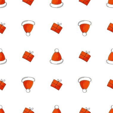 Yeni yıl selamları. Elde kusursuz bir desen var. Noel şapkaları. Kumaş için kullanılabilir.