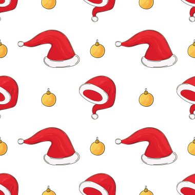 Yeni yıl tatili. Noel şapkası, hediyeler. Elde kusursuz bir desen var. Kumaş için kullanılabilir.