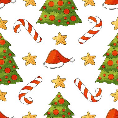 Yeni yıl tatili. Noel ağacı, hediyeler, şekerler. Elde kusursuz bir desen var. Kumaş, ambalaj vs. için kullanılabilir