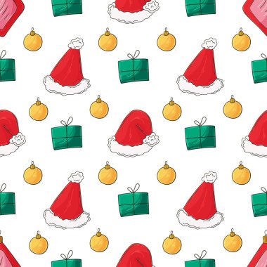 Yeni yıl tatili. Elde kusursuz bir desen var. Noel şapkası, hediyeler. Kumaş, ambalaj vs. için kullanılabilir