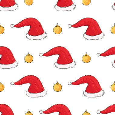 Yeni yıl tatili. Elde kusursuz bir desen var. Noel şapkası, hediyeler. Kumaş, ambalaj, ambalaj kağıdı vs. için kullanılabilir