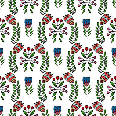 Kusursuz desen. Renkli halk kabilesi boho İskandinav Cottagecore tarzında çiçek desenli. El çizimi biçiminde yazdır