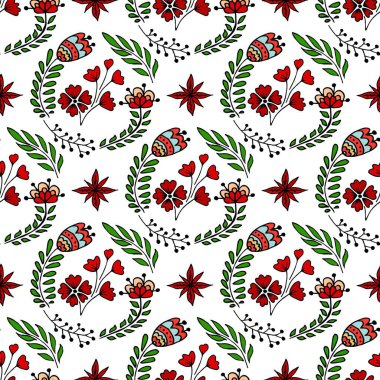 Kusursuz desen. Renkli halk kabilesi boho İskandinav Cottagecore tarzında çiçek desenli. Kumaş tasarımı, tekstil, ambalaj kağıdı, ambalaj, çocuk odası dekorasyonu vb.