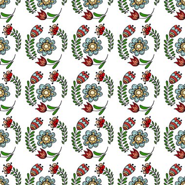 Kusursuz desen. Renkli halk kabilesi boho İskandinav Cottagecore tarzında çiçek desenli. Kumaş, tekstil, ambalaj kağıdı vs. için oluşturulan el çizimi tarzında yazdırma