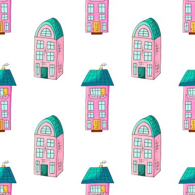 Pembe evler. Güzel şehir, kusursuz desen. El çizim biçimi, kumaşlar, tekstil, ambalaj kağıdı vs.