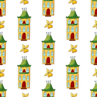 Dekoratif renkli evleri olan kusursuz bir desen. Bina. Kalıplar el çekme tarzında. Kumaş tasarımı, tekstil, kumaş, duvar kağıdı, kağıt baskısı