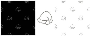 Noel selamları. Yeni yıl şapkaları. Tek renkli desenleri el çizimi biçiminde ayarla. Kumaş, ambalaj, ambalaj kağıdı vs. için kullanılabilir