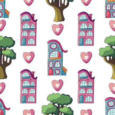 Dekoratif renkli evleri olan kusursuz bir desen. Bina. El çizim biçimi, kumaşlar, tekstil, ambalaj kağıdı, vb.