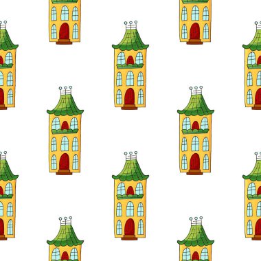 Dekoratif renkli evleri olan kusursuz bir desen. Bina. Kalıplar el çekme tarzında. Kumaş tasarımı, tekstil, kumaş, duvar kağıdı için yazdır