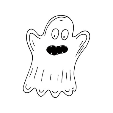 Hayalet. Dekor unsuru, hatıra defteri. Cadılar Bayramı çizim stili. Tasarımınızın ögesi, şirin simge, işaret