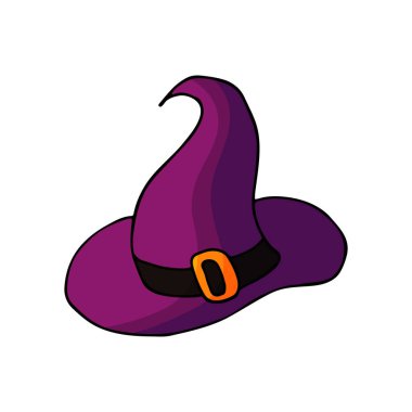 Cadı şapkası. Dekor unsuru, hatıra defteri. Cadılar Bayramı çizim stili. Tasarımınızın ögesi, sevimli simge, işaret, sembol, iğne, etiket, logo