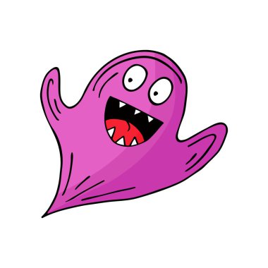 Hayalet. Dekor unsuru, hatıra defteri. Cadılar Bayramı çizim stili. Tasarımınızın ögesi, sevimli simge, işaret, sembol, iğne, etiket logosu