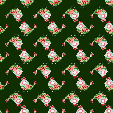 Yeşil desen. Halk kuşu ve çiçek süsü. Kalıp el çizimi tarzı. Kumaş tasarımı, tekstil, kumaş vs. için yazdırma