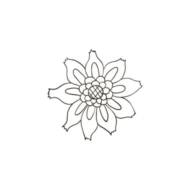 Çiçekçilik. Tekstil şablonu. Dekoratif halk unsuru, etnik dekor. Folklor logosu elde çizim stili. Halk çiçeği simgesi, işaret, sembol, iğne, etiket