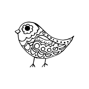 Kuş. Tekstil şablonu. Dekoratif halk unsuru, etnik dekor. Folklor logosu elde çizim stili. Folk kuş simgesi, işaret, sembol, iğne, etiket, logo