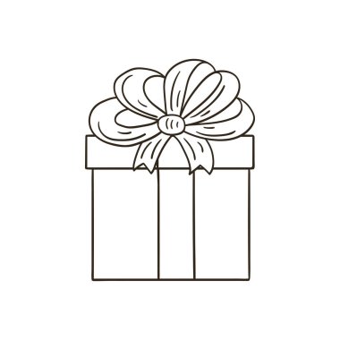 Hediye. Ev dekoru unsuru, hediye, sürpriz. El çizimi tarzında Noel illüstrasyonu. Tasarımının ögesi, sevimli simge