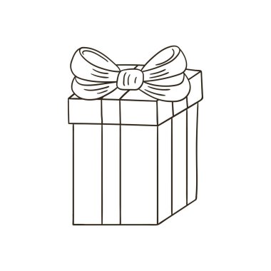 Hediye. Ev dekoru unsuru, hediye, sürpriz. El çizimi tarzında Noel illüstrasyonu. Tasarımının ögesi, şirin simge, işaret, sembol, iğne