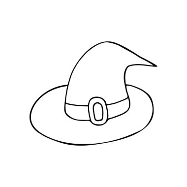 Cadı şapkası. Dekor unsuru, hatıra defteri. Cadılar Bayramı çizim stili. Tasarımının ögesi, şirin simge, işaret, sembol, iğne