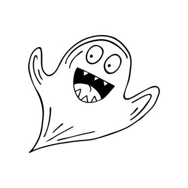 Hayalet. Dekor unsuru, hatıra defteri. Cadılar Bayramı çizim stili. Tasarımınızın ögesi, sevimli simge, işaret, sembol, iğne, etiket logosu