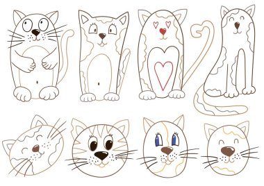 Kediler. El çizimi tarzında çizimler. El çizimi, renk çizgisi. Renklerle, kartpostallarla boyamak için tasarlandı. Simgeler, işaretler, çıkartmalar, iğneler, logolar