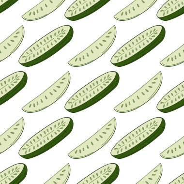 Kusursuz sebze deseni. Menü ya da mutfağın el çizimi şekli. Salatalık. Tasarım, tekstil, kumaş, duvar kağıdı, ambalaj için yazdır