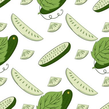 Kusursuz sebze deseni. Salatalık. Menü ya da mutfağın el çizimi şekli. Yazdır