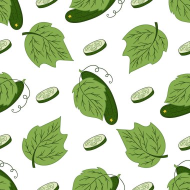 Kusursuz sebze deseni. Salatalık. Menü ya da mutfağın el çizimi şekli. Tasarım, tekstil, kumaş, duvar kağıdı, ambalaj kağıdı