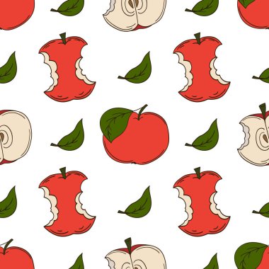 Elinde kusursuz meyve deseni var. Kırmızı elmalar. Mönü ya da mutfak için desen. Tasarım, tekstil, kumaş, duvar kağıdı, ambalaj kağıdı, dekorasyon vesaire için yazdır