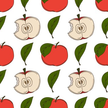 Elinde kusursuz meyve deseni var. Kırmızı elmalar. Mönü ya da mutfak için desen. Tasarım, tekstil, kumaş, duvar kağıdı, ambalaj, vs. için yazdır