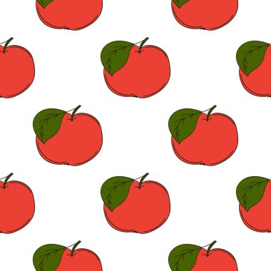 Elinde kusursuz meyve deseni var. Kırmızı elmalar. Mönü ya da mutfak için desen. Tasarım, tekstil vs. için yazdır