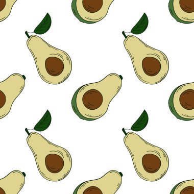 Elinde kusursuz meyve deseni var. Mönü ya da mutfak için desen. Avokado. Tasarım için yazdır