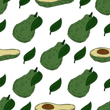 Elinde kusursuz meyve deseni var. Mönü ya da mutfak için desen. Avokado. Tasarım, tekstil, kumaş, duvar kağıdı, ambalaj kağıdı