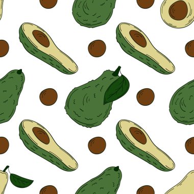 Elinde kusursuz meyve deseni var. Avokado. Mönü ya da mutfak için desen. Tasarım, tekstil, kumaş, duvar kağıdı, ambalaj kağıdı, dekorasyon vesaire için yazdır