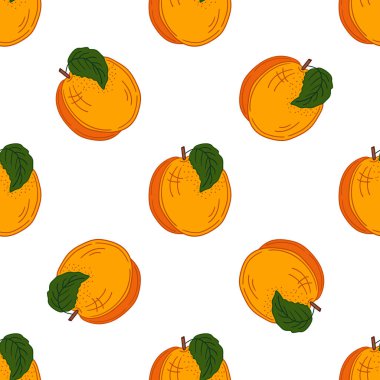 Elinde kusursuz meyve deseni var. Kayısı. Mönü ya da mutfak için desen. Tasarım, tekstil, kumaş, duvar kağıdı, ambalaj kağıdı, dekorasyon