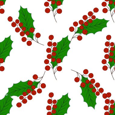 Elinde kusursuz bir Noel çizimi var. Holly mi? Mönü ya da mutfak için desen. Tasarım, tekstil, kumaş için yazdır