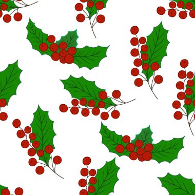 Elinde kusursuz bir Noel çizimi var. Holly mi? Mönü ya da mutfak için desen. Tasarım, tekstil, kumaş, duvar kağıdı, ambalaj için yazdır