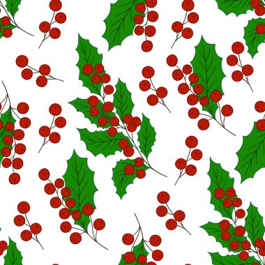 Elinde kusursuz bir Noel çizimi var. Holly mi? Mönü ya da mutfak için desen. Tasarım, tekstil, kumaş, duvar kağıdı, ambalaj kağıdı, dekorasyon vesaire için yazdır