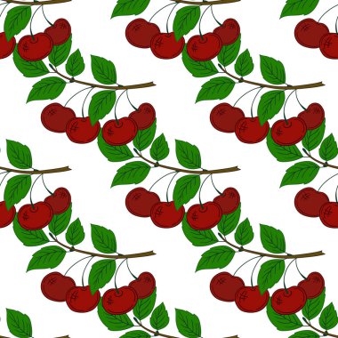 Kusursuz dut deseni. Menü ya da mutfağın el çizimi şekli. Kiraz. Tasarım, tekstil, kumaş, duvar kağıdı için yazdır