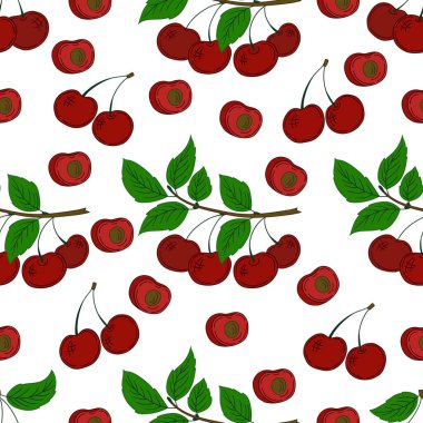 Kusursuz dut deseni. Kiraz. Menü ya da mutfağın el çizimi şekli. Tasarım, tekstil, kumaş, duvar kağıdı, ambalaj kağıdı, dekorasyon