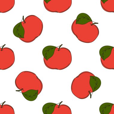 Kırmızı elmalar. Elinde kusursuz meyve deseni var. Mönü ya da mutfak için desen. Tasarım, tekstil, kumaş, duvar kağıdı, ambalaj kağıdı vs. için yazdır