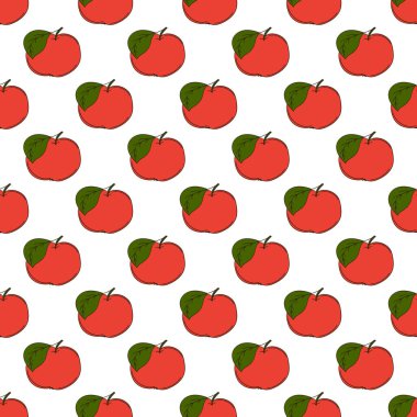 Kırmızı elmalar. Elinde kusursuz meyve deseni var. Mönü ya da mutfak için desen. Tasarım, tekstil, duvar kağıdı vs. için yazdır